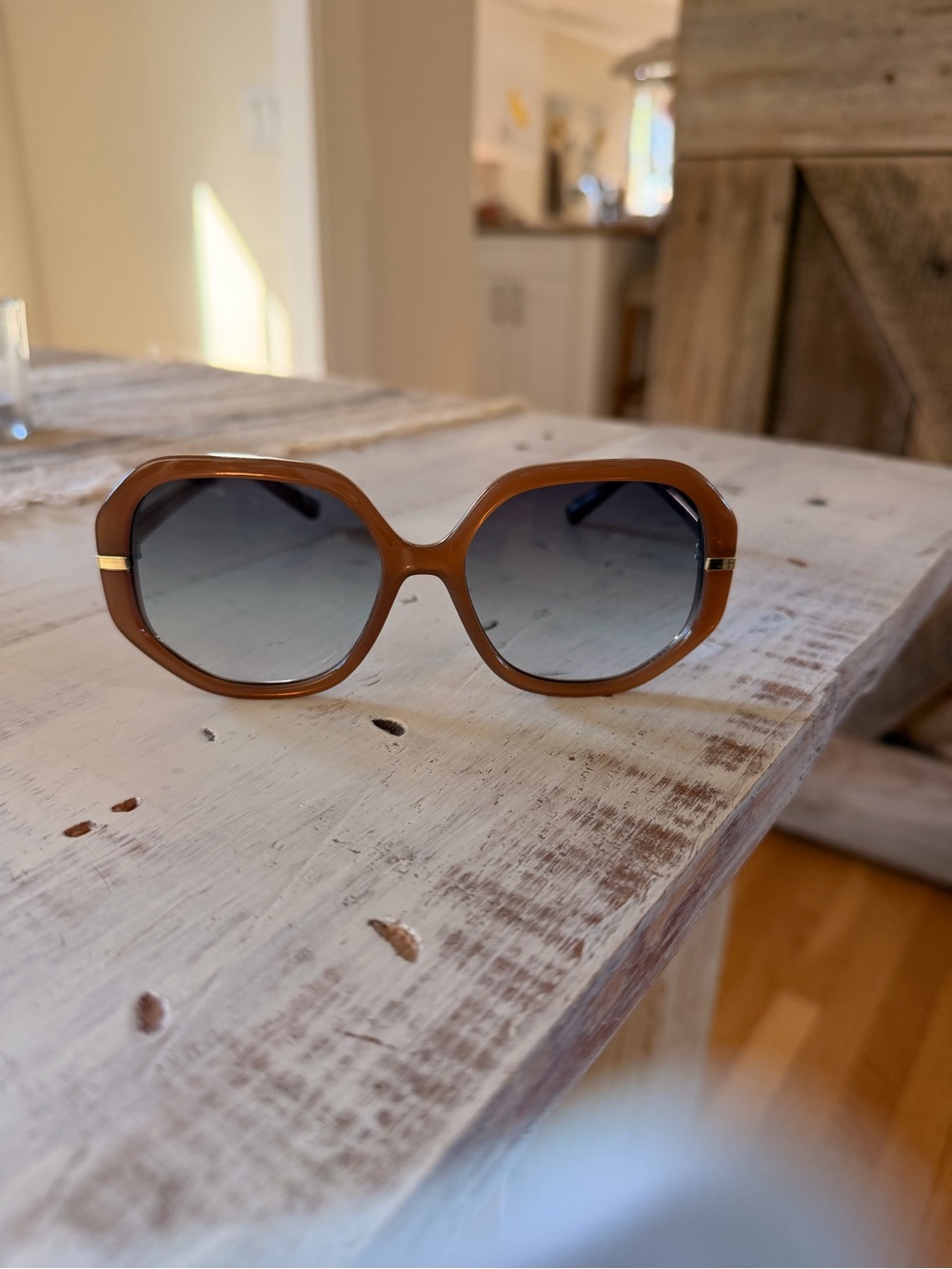 Chic Tan Oversized Round-Edge Sunglasses with Gold Accents (New Never Worn)